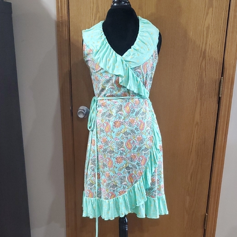 Matilda Jane Green Pink Floral Wrap Ruffled Sundress Sleeveless Casual